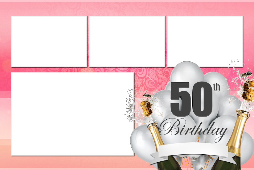 A birthday photo collage with balloons and pink background