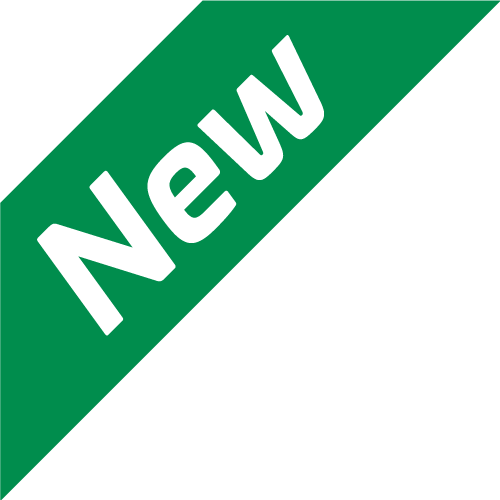 A green and white banner with the word new