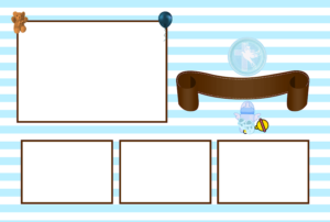 A blue and white striped background with several frames.