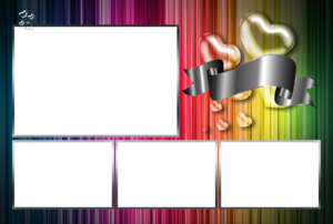 A colorful background with three frames and ribbon.