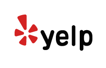 A red yelp logo on a black background