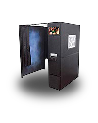 A photo booth with a black background and some pictures on the side.