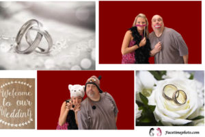 A collage of photos with wedding rings and two people