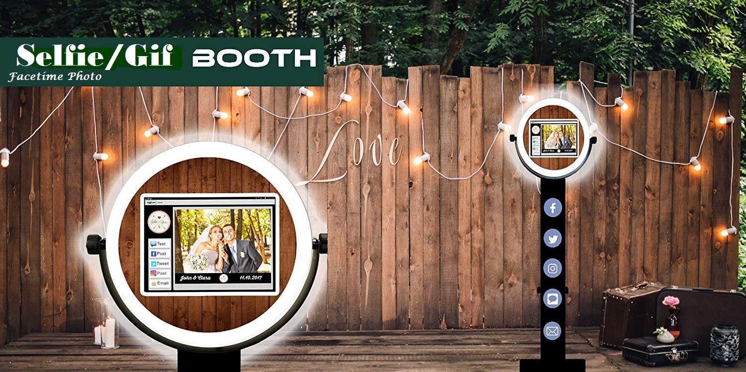 A booth with two different lights and a picture of the bride.