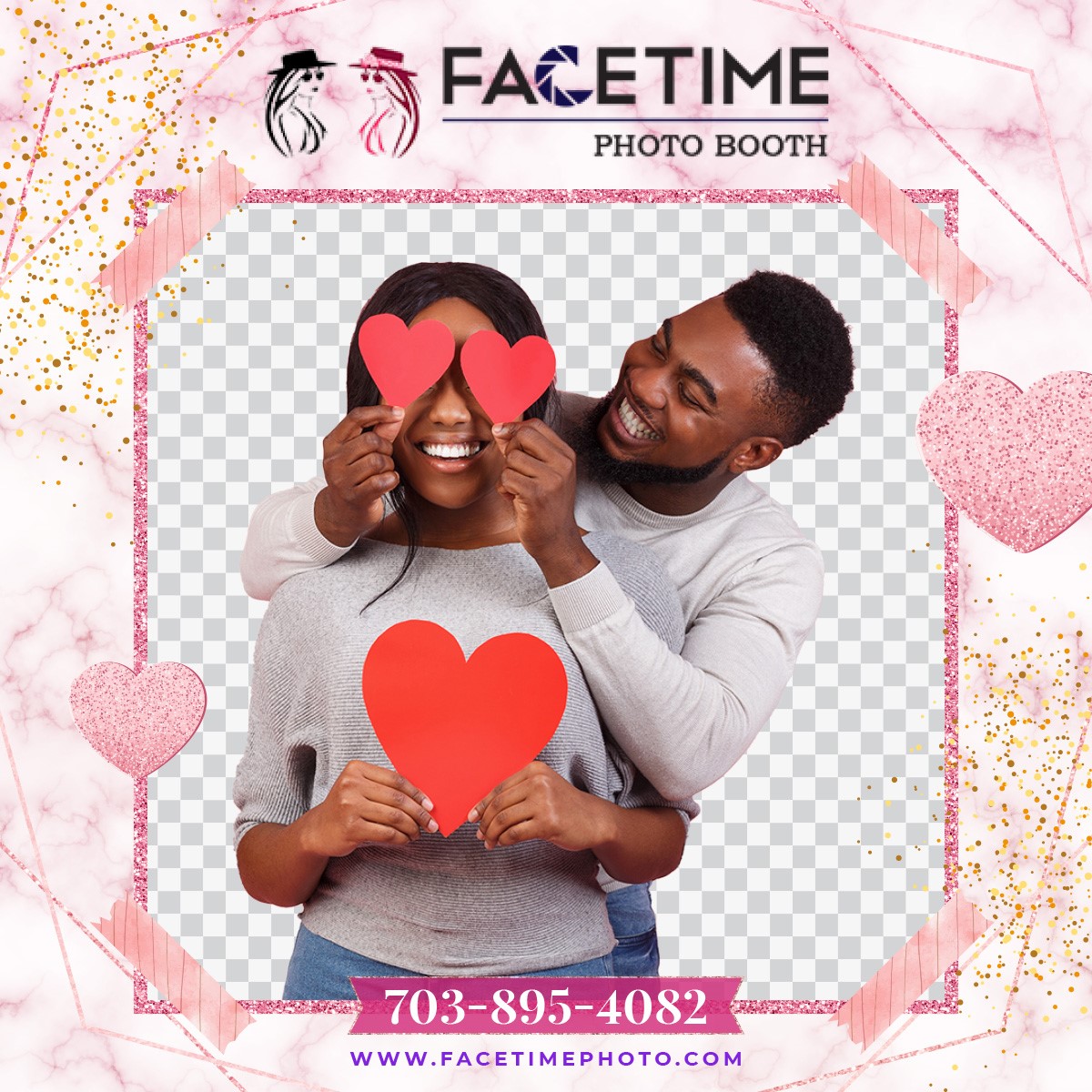 A man and woman holding red hearts in front of their faces.