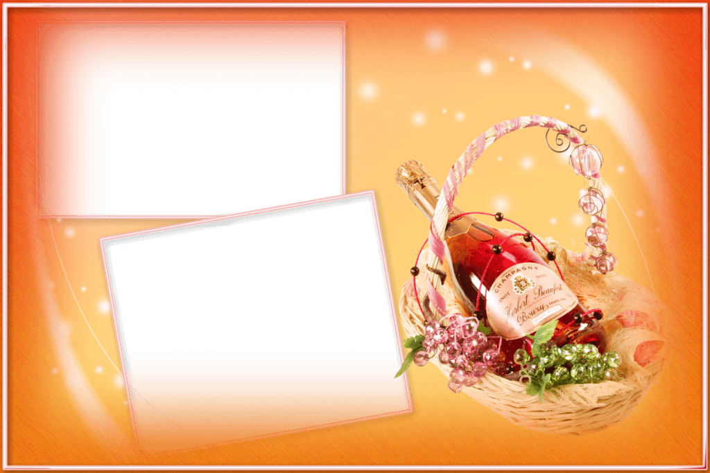 A basket of fruit and wine on an orange background.